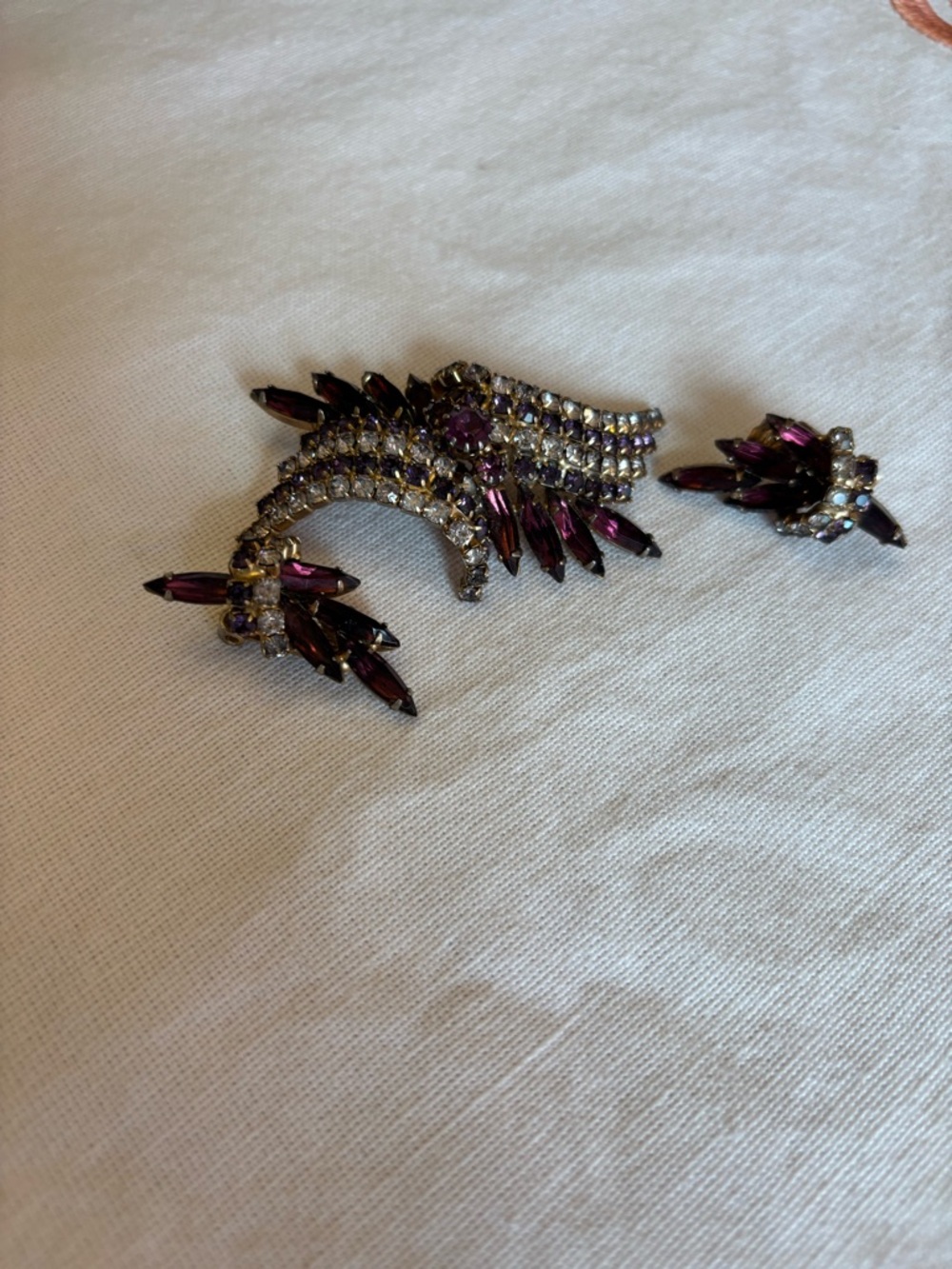 Vintage Purple Crystal Leaf Brooch and Clip Earrings Set
